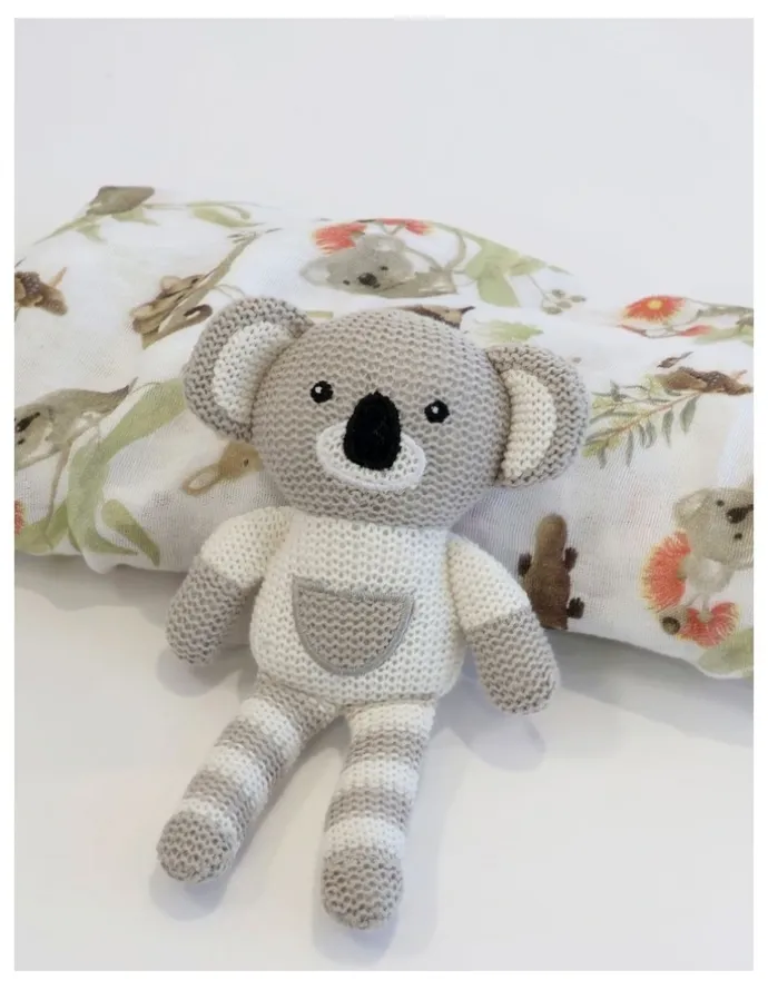Bubba Blue Aussie Animals Koala Knit Rattle and Muslin Swaddle Set in Grey
