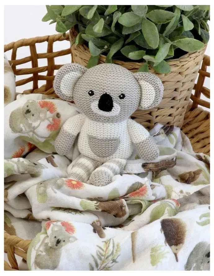 Bubba Blue Aussie Animals Koala Knit Rattle and Muslin Swaddle Set in Grey