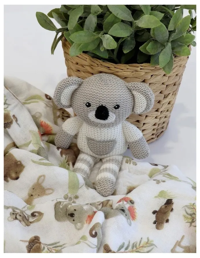 Bubba Blue Aussie Animals Koala Knit Rattle and Muslin Swaddle Set in Grey
