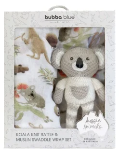 Bubba Blue Aussie Animals Koala Knit Rattle and Muslin Swaddle Set in Grey