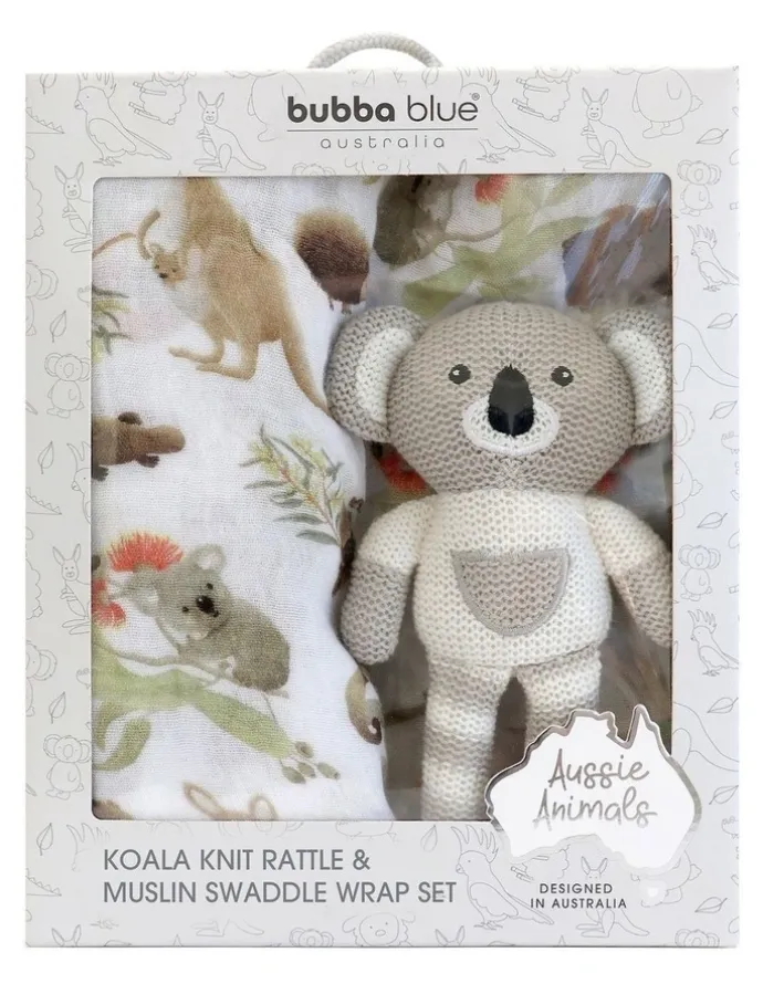 Bubba Blue Aussie Animals Koala Knit Rattle and Muslin Swaddle Set in Grey