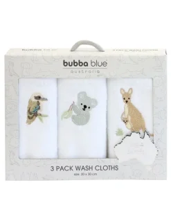 Bubba Blue Aussie Animals Wash Cloths 3 Pack in White