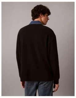 Calvin Klein Jeans Long Sleeve Relaxed Casual Pique Denim Collar Rugby