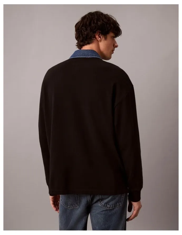 Calvin Klein Jeans Long Sleeve Relaxed Casual Pique Denim Collar Rugby