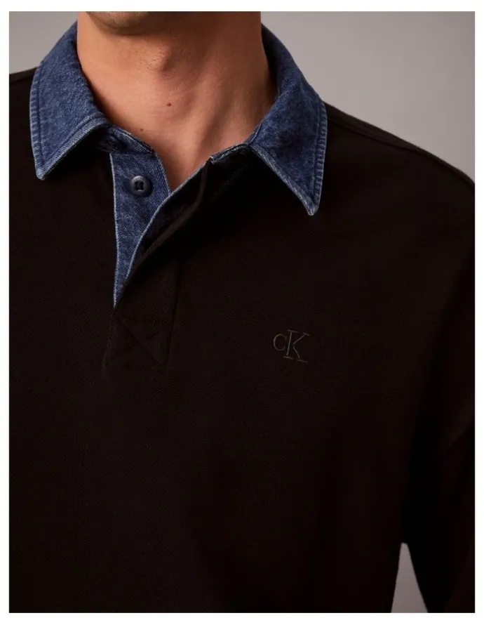 Calvin Klein Jeans Long Sleeve Relaxed Casual Pique Denim Collar Rugby