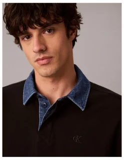 Calvin Klein Jeans Long Sleeve Relaxed Casual Pique Denim Collar Rugby