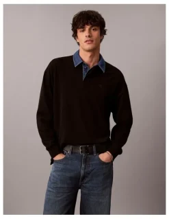 Calvin Klein Jeans Long Sleeve Relaxed Casual Pique Denim Collar Rugby