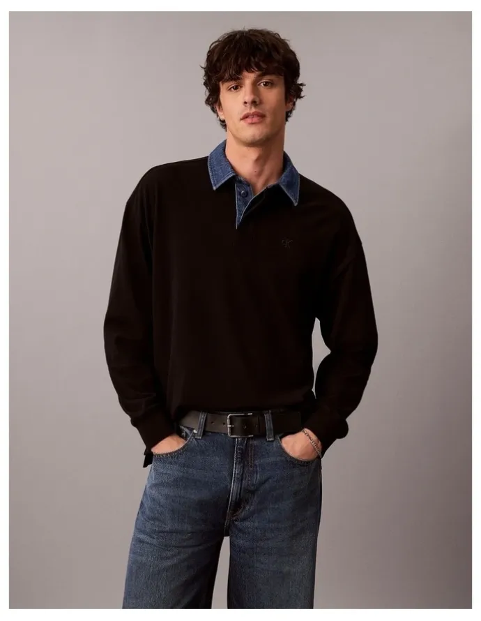 Calvin Klein Jeans Long Sleeve Relaxed Casual Pique Denim Collar Rugby