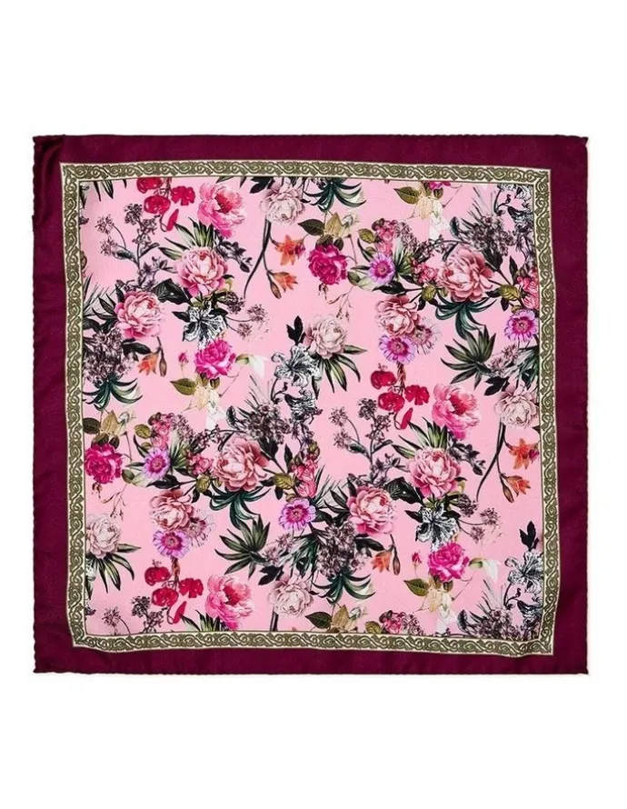 Cambridge Peonies Silk Pocket Square in Bordeaux