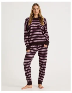 Chloe & Lola Cosy Boucle Crew Long Sleeve Top in Burnt Fig Stripe