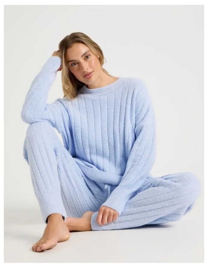 Chloe & Lola Cosy Boucle Wide Rib Cuffed Pant in Soft Blue