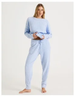 Chloe & Lola Cosy Boucle Wide Rib Cuffed Pant in Soft Blue
