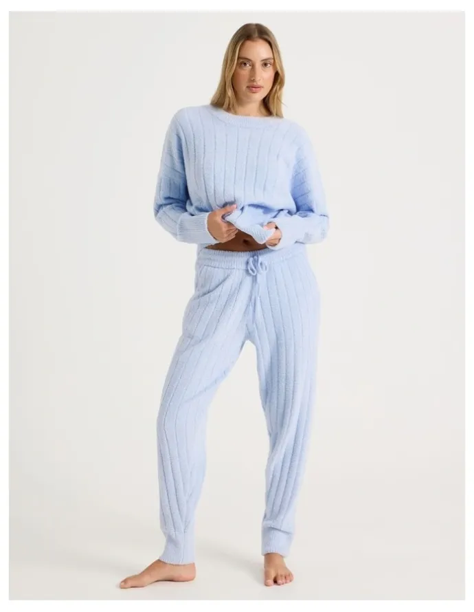 Chloe & Lola Cosy Boucle Wide Rib Cuffed Pant in Soft Blue