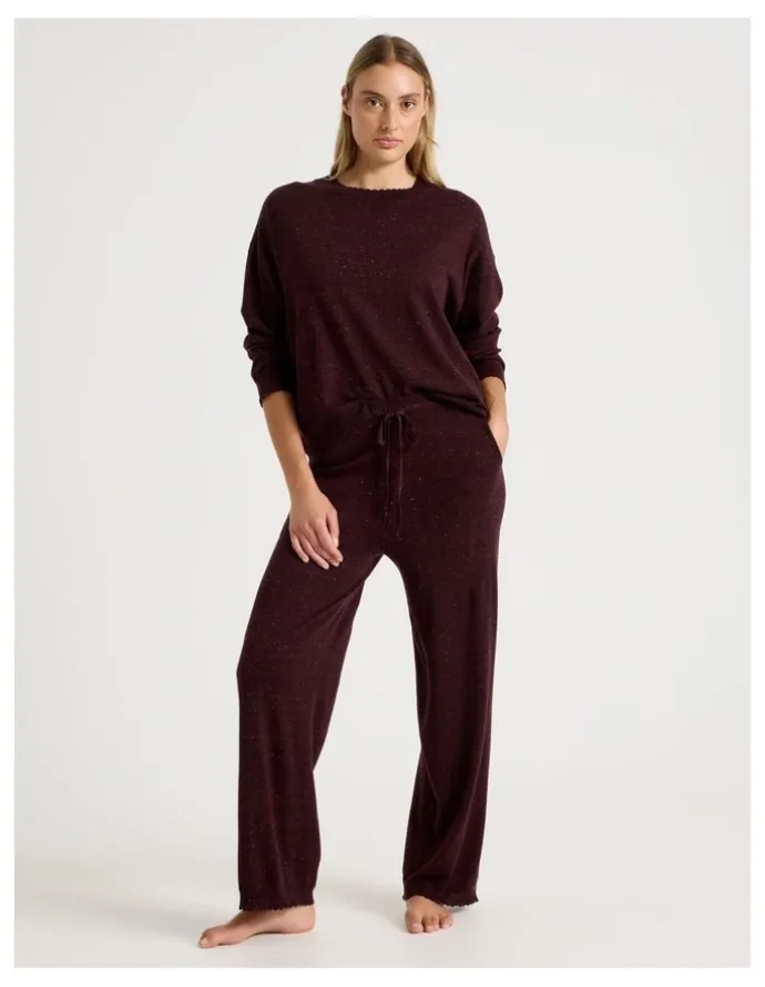 Chloe & Lola Cosy Scallop Edge Knit Wide Leg Pant in Burnt Fudge Marle