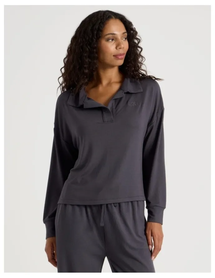 Chloe & Lola Cosy Supersoft Open V Neck Sleep Top in Charcoal