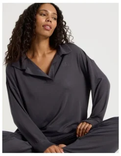Chloe & Lola Cosy Supersoft Open V Neck Sleep Top in Charcoal