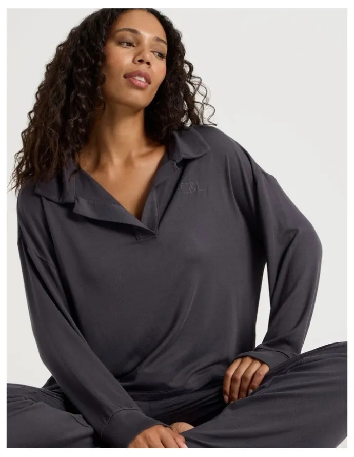 Chloe & Lola Cosy Supersoft Open V Neck Sleep Top in Charcoal