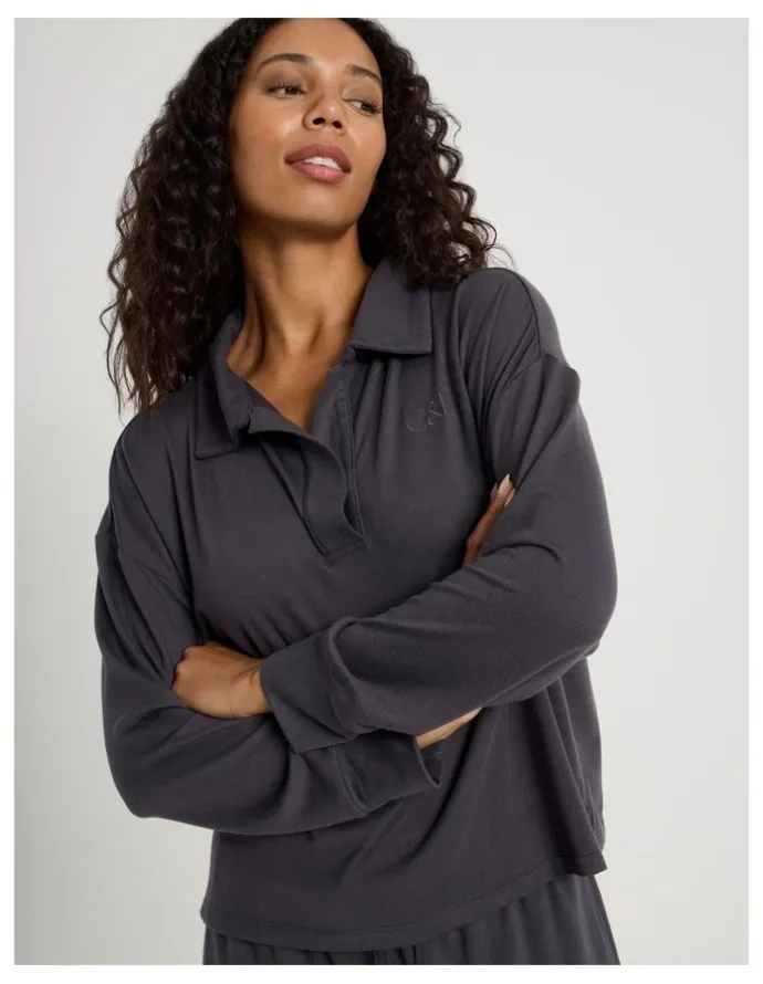 Chloe & Lola Cosy Supersoft Open V Neck Sleep Top in Charcoal