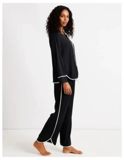 Chloe & Lola Signature Satin Binding Long Sleeve Long PJ Set in Black