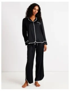 Chloe & Lola Signature Satin Binding Long Sleeve Long PJ Set in Black