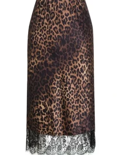 City Chic Envious Leopard Print Lace Hem Skirt in Chocolate