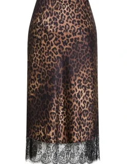 City Chic Envious Leopard Print Lace Hem Skirt in Chocolate
