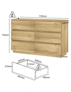 Cosmopolitan Living 6 Chest of Drawers Lowboy Dresser Storage Cabinet Bedroom Oak - Foil-laminated Particleboard & MDF