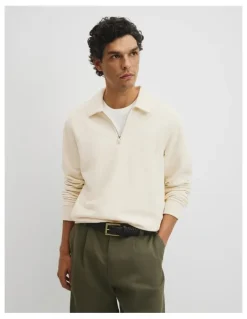 Country Road Australian Cotton Long Sleeve Folded Collar Sweat in Off White