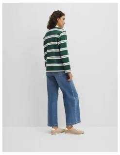 Country Road Australian Cotton Stripe Rugby Polo Sweat in Evergreen Stripe