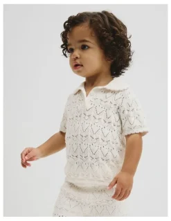 Country Road Australian Cotton Short Sleeve Collar Knit Top in Marshmallow