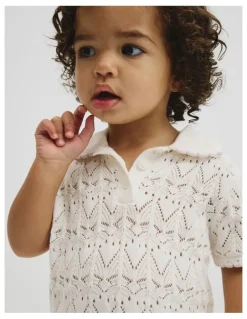 Country Road Australian Cotton Short Sleeve Collar Knit Top in Marshmallow