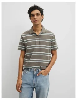 Country Road Australian Cotton Stripe Pique Polo in Dried Sage