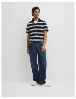 Country Road Australian Cotton Stripe Pique Polo in Navy Stripe