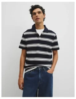 Country Road Australian Cotton Stripe Pique Polo in Navy Stripe