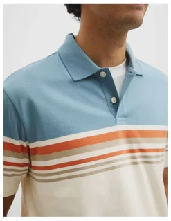 Country Road Australian Cotton Short Sleeve Engineered Button Polo in White Multi