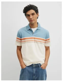 Country Road Australian Cotton Short Sleeve Engineered Button Polo in White Multi