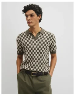 Country Road Australian Cotton Silk Jacquard Trophy Polo in Deep Khaki