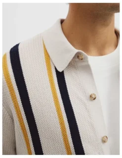 Country Road Australian Good Earth Cotton Textured Stripe Knit Shirt in White Multi