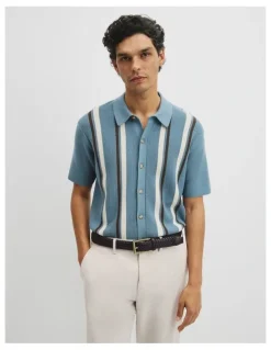 Country Road Australian Good Earth Cotton Textured Stripe Knit Shirt in Steel