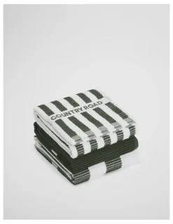 Country Road CR Stripe Australian Cotton Tea Towel Pack of 3 in Dark Olive