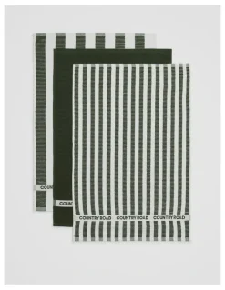 Country Road CR Stripe Australian Cotton Tea Towel Pack of 3 in Dark Olive