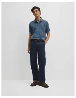 Country Road Linen Cotton Stripe Knit Polo in Steel