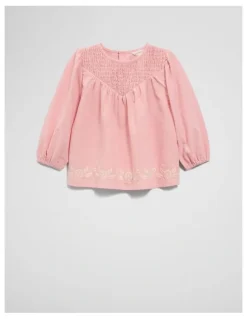 Country Road Long Sleeve Shirred Blouse in Blush