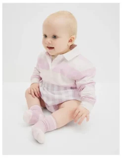 Country Road Organically Grown Cotton Blend Long Sleeve Rugby Top in Cloud Pink Stripe