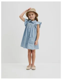 Country Road Organically Grown Cotton Short Sleeve Chambray Dress in Sky Blue Wash