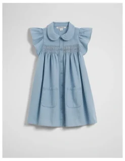 Country Road Organically Grown Cotton Short Sleeve Chambray Dress in Sky Blue Wash