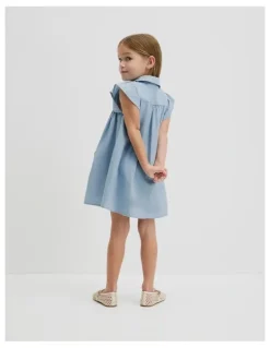 Country Road Organically Grown Cotton Short Sleeve Chambray Dress in Sky Blue Wash