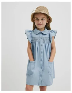 Country Road Organically Grown Cotton Short Sleeve Chambray Dress in Sky Blue Wash