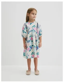 Country Road Short Puff Sleeve Print Dress in Light Floral Print