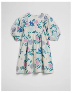 Country Road Short Puff Sleeve Print Dress in Light Floral Print
